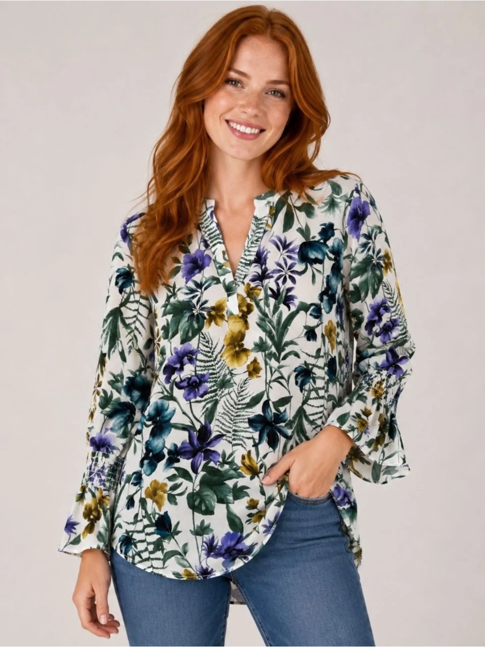 Floral Split-Neck Women’s Blouse in White with Green & Purple Print